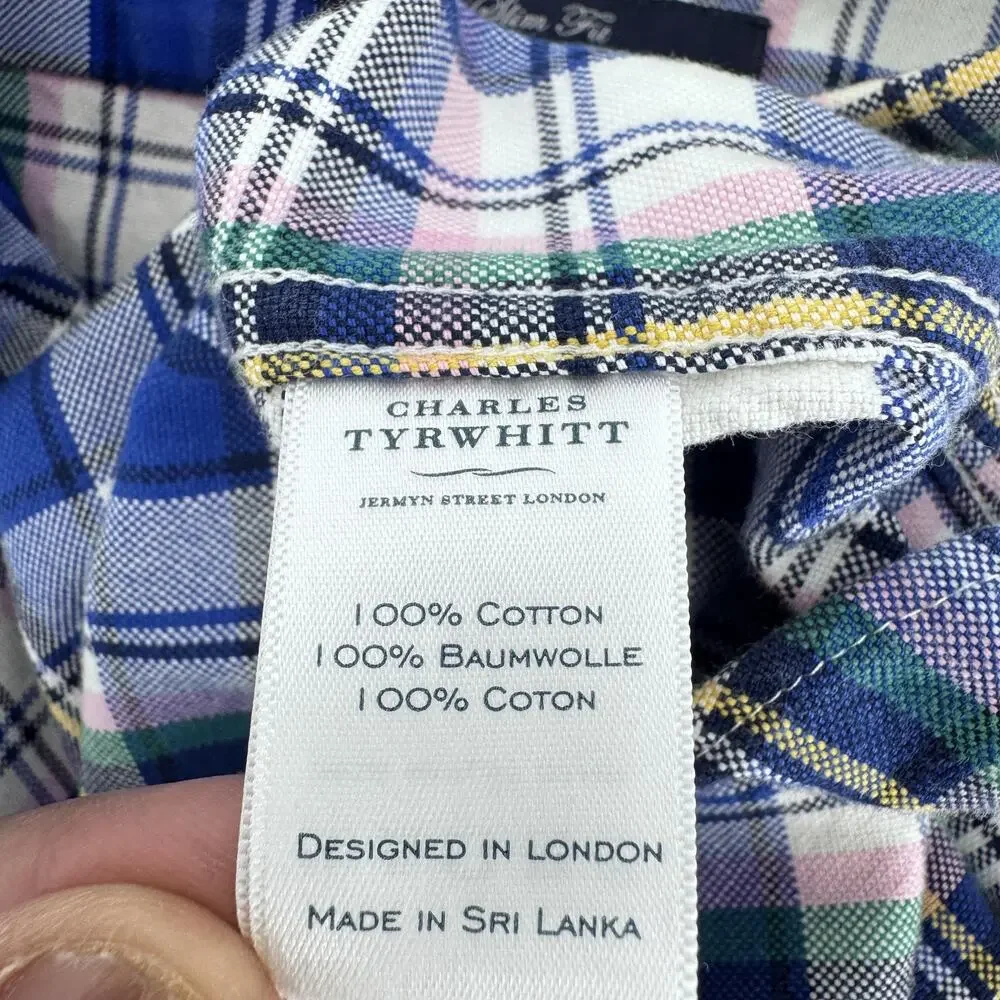 Charles Tyrwhitt Shirt Mens Medium‎ Blue Plaid Button Up Weekend Slim Fit Casual